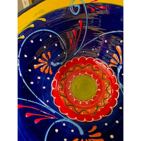 Hand-Painted Ceramic Bowl From Spain With Vibrant Blue Orange & Yellow Patterns - Picture 4 of 16